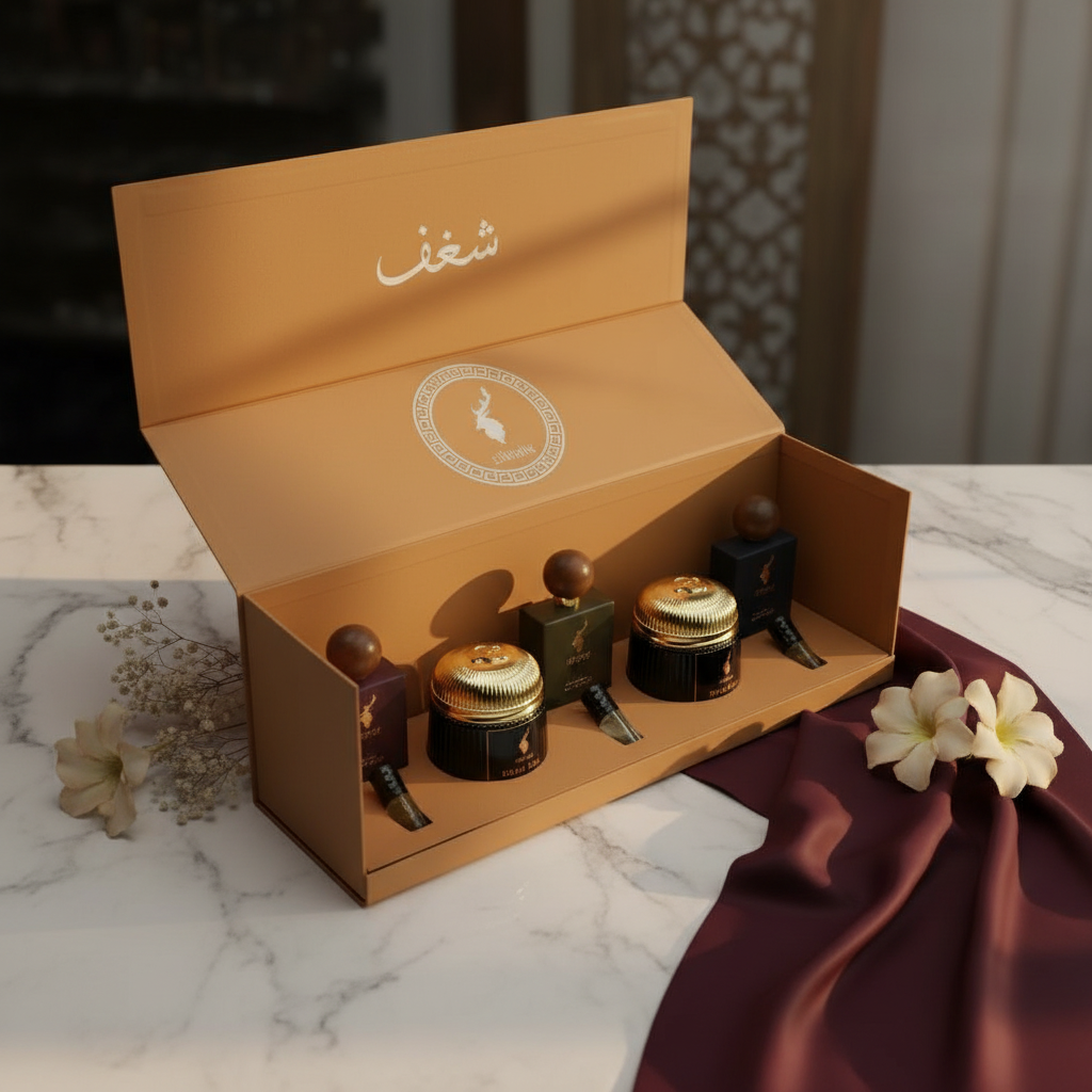 Box Shaghaf luxury perfume gift box in elegant setting